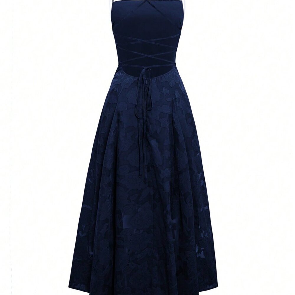Navy Blue Elegant Lace-Up Women's Lace Dress - Picture 7 of 7